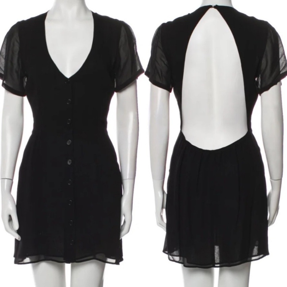 Like New Reformation Black Mini Dress Plunge Neck Button Front Open Back Sheer